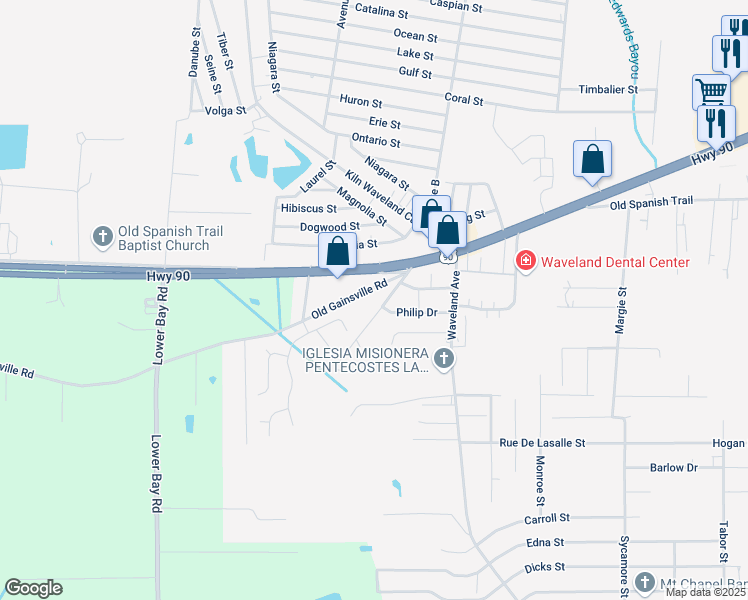 map of restaurants, bars, coffee shops, grocery stores, and more near 1303 Bloom Place in Waveland