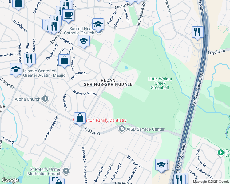map of restaurants, bars, coffee shops, grocery stores, and more near 5607 Springdale Road in Austin