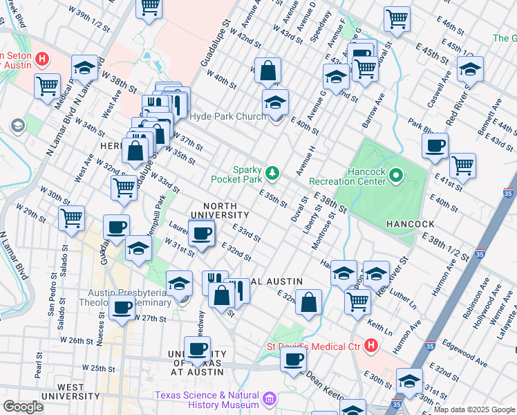 map of restaurants, bars, coffee shops, grocery stores, and more near 302 East 35th Street in Austin