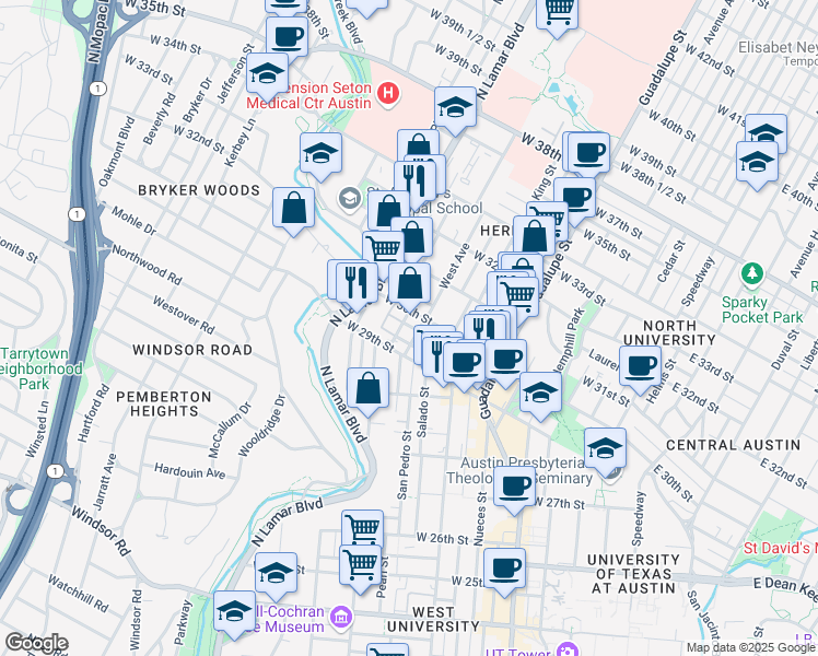 map of restaurants, bars, coffee shops, grocery stores, and more near in Austin