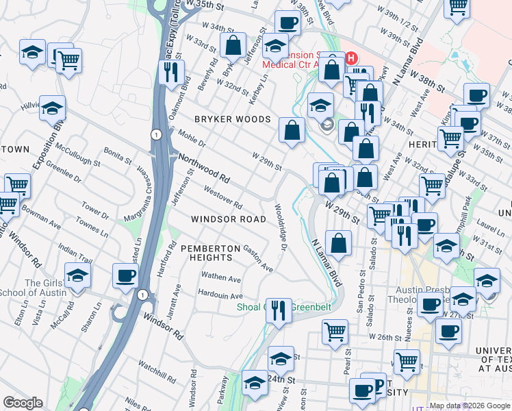map of restaurants, bars, coffee shops, grocery stores, and more near 1400 Northwood Road in Austin