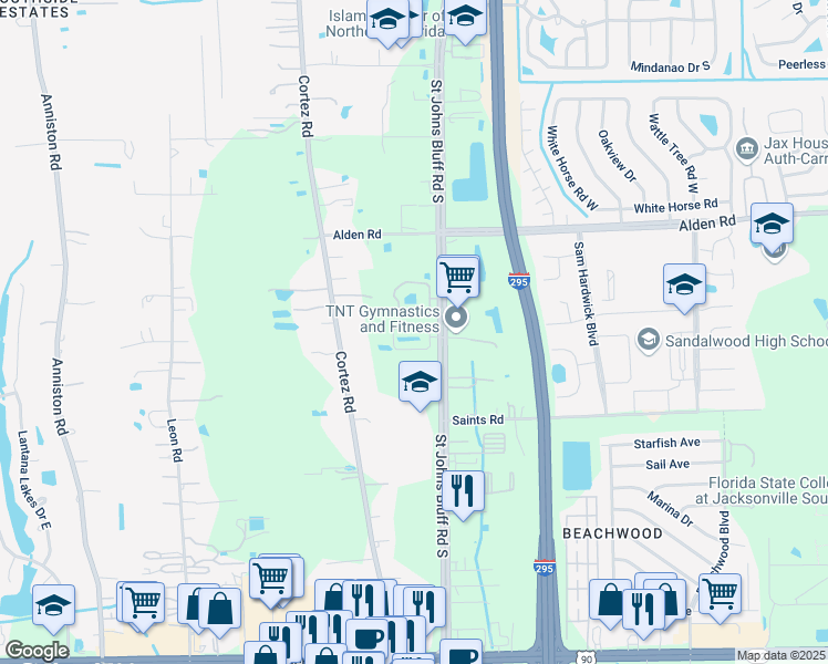 map of restaurants, bars, coffee shops, grocery stores, and more near 11344 Estancia Villa Drive in Jacksonville