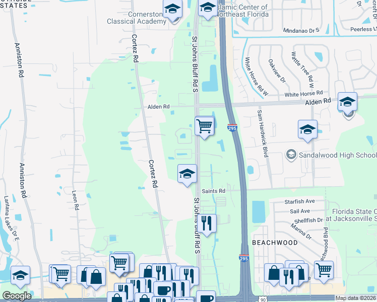 map of restaurants, bars, coffee shops, grocery stores, and more near 2678 Saint Johns Bluff Road South in Jacksonville