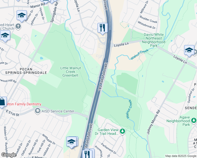 map of restaurants, bars, coffee shops, grocery stores, and more near 5970 Ed Bluestein Boulevard in Austin