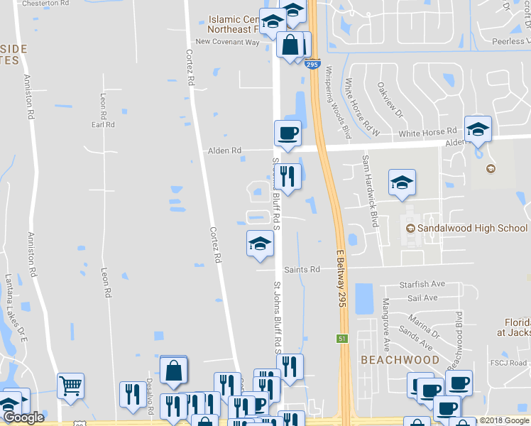 map of restaurants, bars, coffee shops, grocery stores, and more near 11384 Estancia Villa Drive in Jacksonville