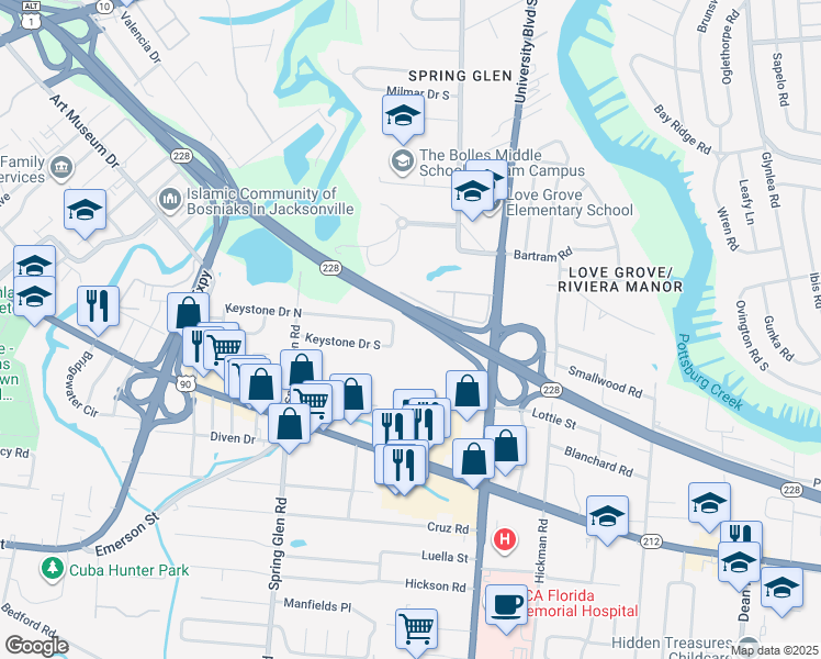 map of restaurants, bars, coffee shops, grocery stores, and more near 2900 Coronet Lane in Jacksonville