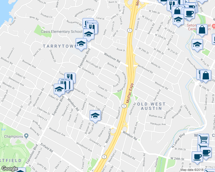 map of restaurants, bars, coffee shops, grocery stores, and more near 2205 Greenlee Drive in Austin