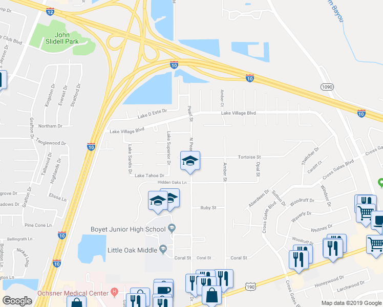 map of restaurants, bars, coffee shops, grocery stores, and more near 59470 North Pearl Drive in Slidell