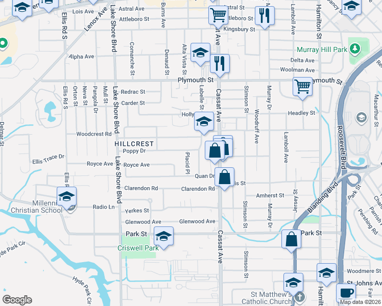 map of restaurants, bars, coffee shops, grocery stores, and more near 5205 Poppy Drive in Jacksonville