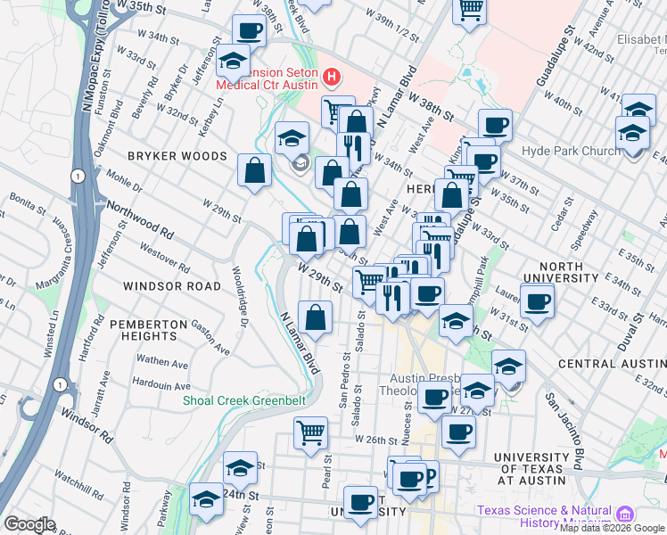 map of restaurants, bars, coffee shops, grocery stores, and more near in Austin