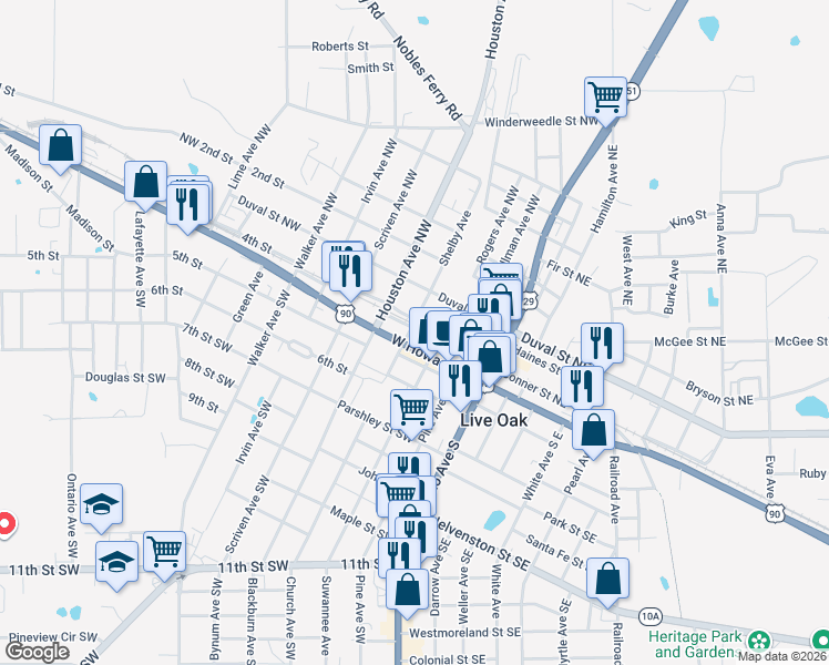map of restaurants, bars, coffee shops, grocery stores, and more near 400-498 4th Street Northwest in Live Oak
