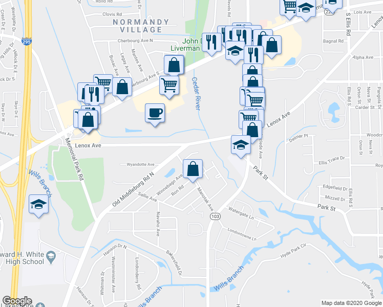 map of restaurants, bars, coffee shops, grocery stores, and more near 1349 Ottawa Avenue in Jacksonville