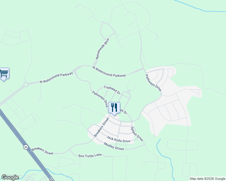 map of restaurants, bars, coffee shops, grocery stores, and more near 146 Trailhead Drive in Watersound