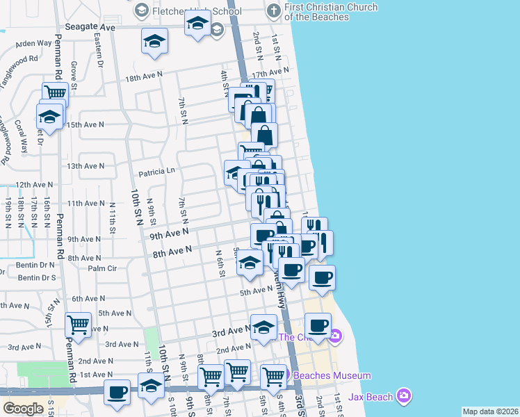 map of restaurants, bars, coffee shops, grocery stores, and more near 1018 3rd Street North in Jacksonville Beach