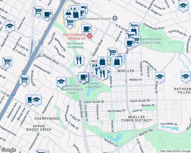 map of restaurants, bars, coffee shops, grocery stores, and more near 1905 Aldrich Street in Austin