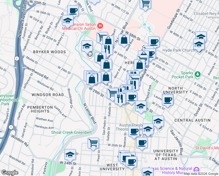 map of restaurants, bars, coffee shops, grocery stores, and more near 3007 West Avenue in Austin