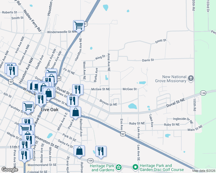 map of restaurants, bars, coffee shops, grocery stores, and more near 511-541 Anna Avenue Northeast in Live Oak