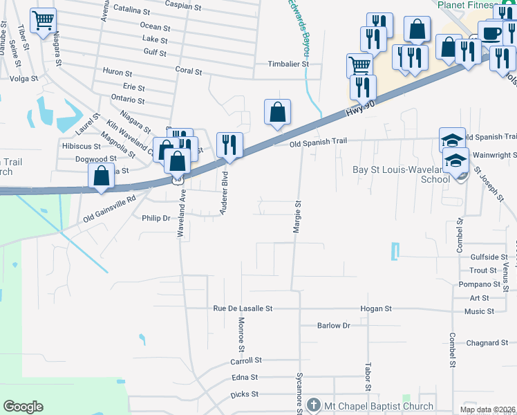map of restaurants, bars, coffee shops, grocery stores, and more near 728 Boyd Street in Waveland