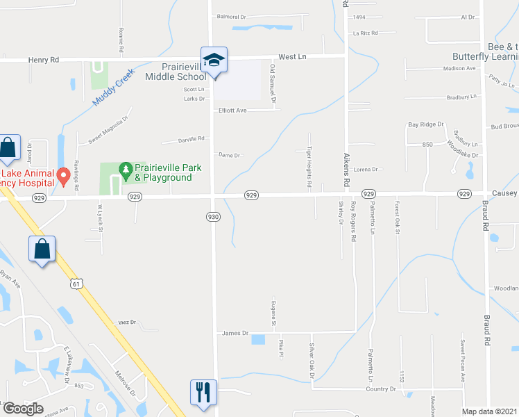 map of restaurants, bars, coffee shops, grocery stores, and more near 39091 Highway 929 in Prairieville