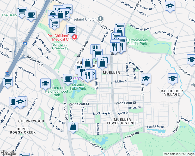 map of restaurants, bars, coffee shops, grocery stores, and more near 4529 Mattie Street in Austin