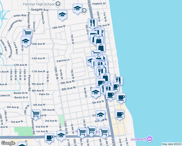 map of restaurants, bars, coffee shops, grocery stores, and more near 518 Barbara Lane in Jacksonville Beach