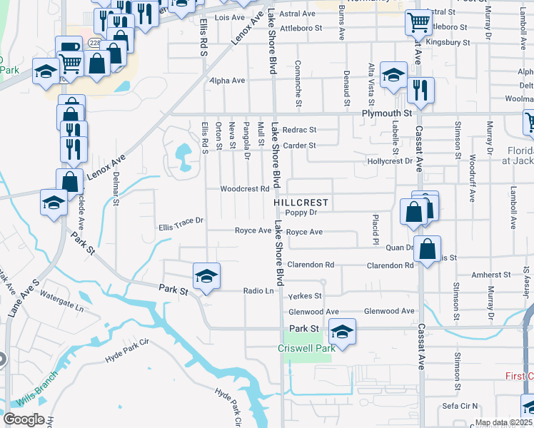 map of restaurants, bars, coffee shops, grocery stores, and more near 1318 Lake Shore Boulevard in Jacksonville