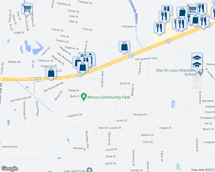 map of restaurants, bars, coffee shops, grocery stores, and more near 110 Auderer Boulevard in Waveland