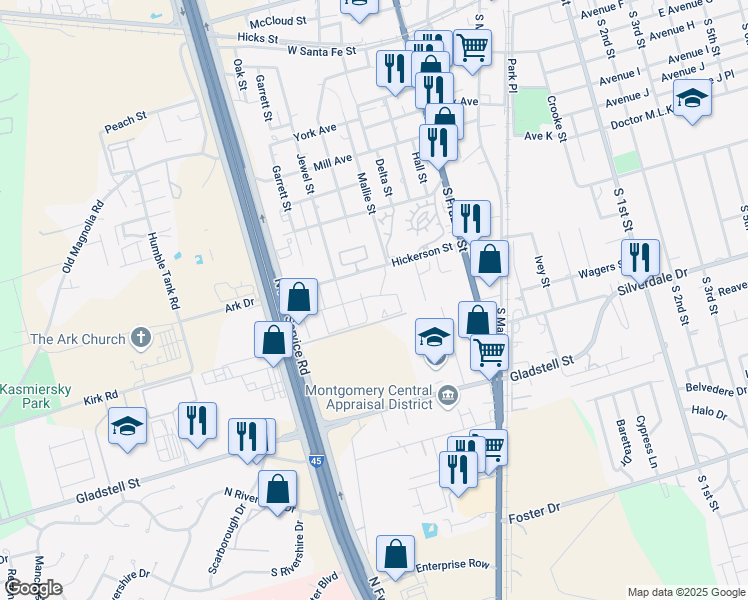 map of restaurants, bars, coffee shops, grocery stores, and more near Public Alley in Conroe