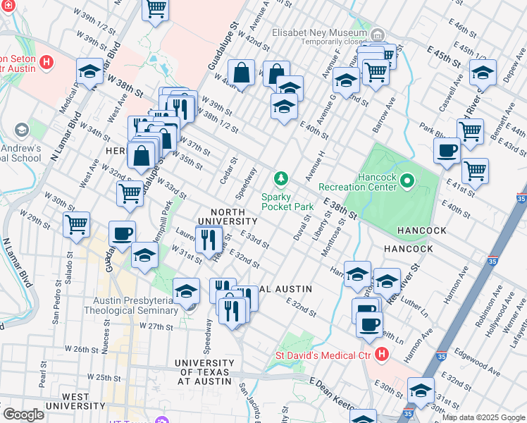 map of restaurants, bars, coffee shops, grocery stores, and more near 302 East 35th Street in Austin