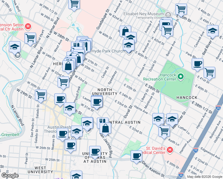 map of restaurants, bars, coffee shops, grocery stores, and more near 3405 Helms Street in Austin