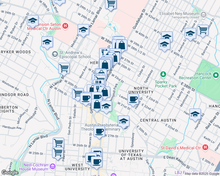 map of restaurants, bars, coffee shops, grocery stores, and more near 408 West 32nd Street in Austin