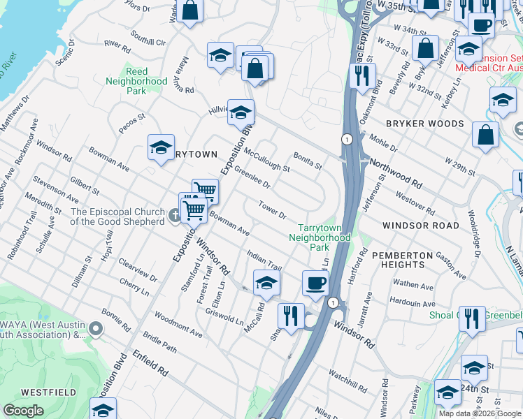 map of restaurants, bars, coffee shops, grocery stores, and more near 2404 Tower Drive in Austin