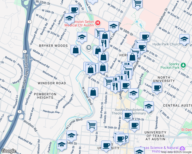 map of restaurants, bars, coffee shops, grocery stores, and more near in Austin