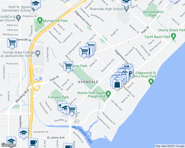 map of restaurants, bars, coffee shops, grocery stores, and more near 3676 Valencia Road in Jacksonville