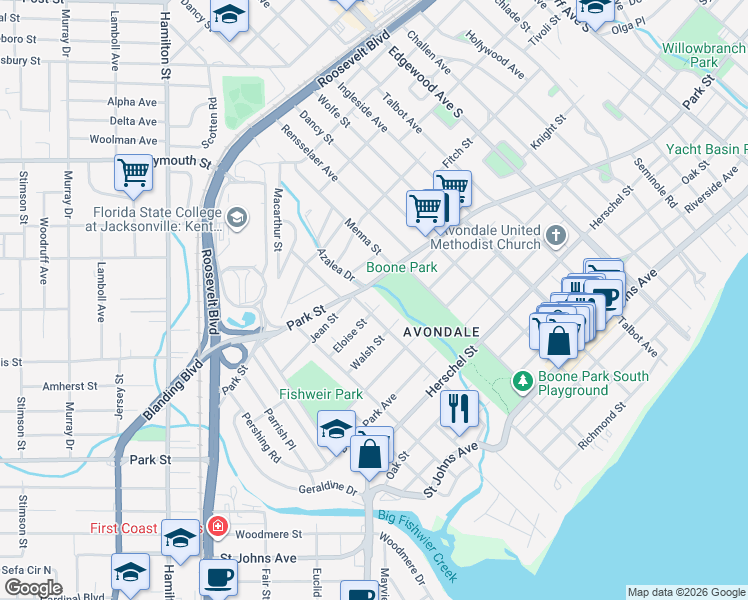 map of restaurants, bars, coffee shops, grocery stores, and more near 3730 Park Street in Jacksonville