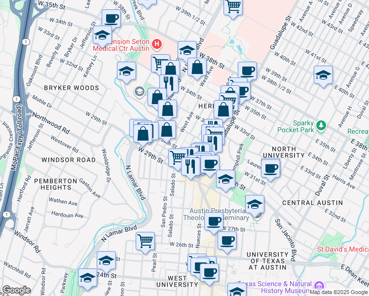 map of restaurants, bars, coffee shops, grocery stores, and more near 3002 Washington Square in Austin