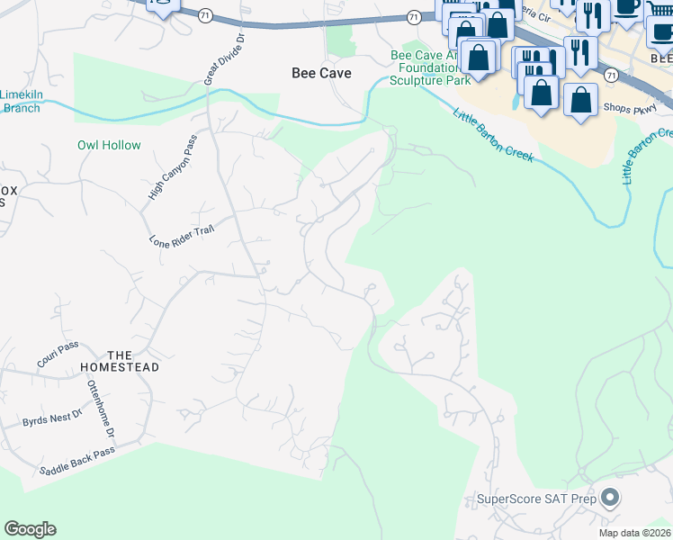 map of restaurants, bars, coffee shops, grocery stores, and more near 12812 Hacienda Ridge in Austin