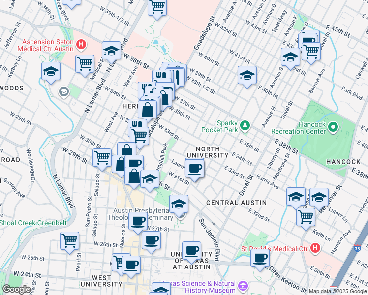 map of restaurants, bars, coffee shops, grocery stores, and more near 202 West 33rd Street in Austin