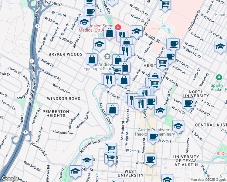 map of restaurants, bars, coffee shops, grocery stores, and more near 2908 San Gabriel Street in Austin