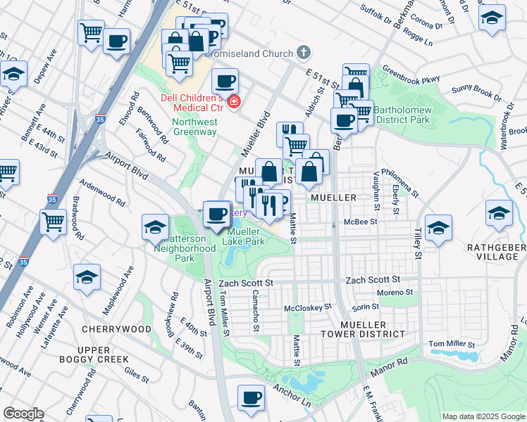 map of restaurants, bars, coffee shops, grocery stores, and more near 1826 Robert Browning Street in Austin