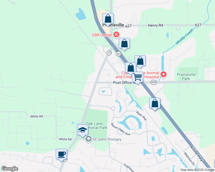 map of restaurants, bars, coffee shops, grocery stores, and more near 38050 Post Office Road in Prairieville