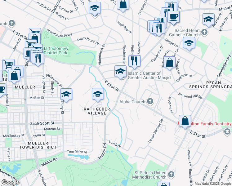 map of restaurants, bars, coffee shops, grocery stores, and more near 5020 Manor Road in Austin