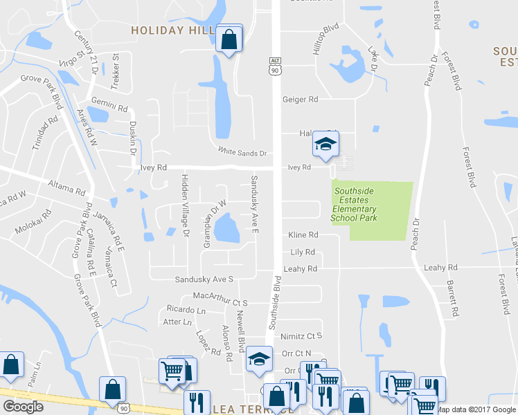 map of restaurants, bars, coffee shops, grocery stores, and more near 2583 Sandusky Avenue East in Jacksonville