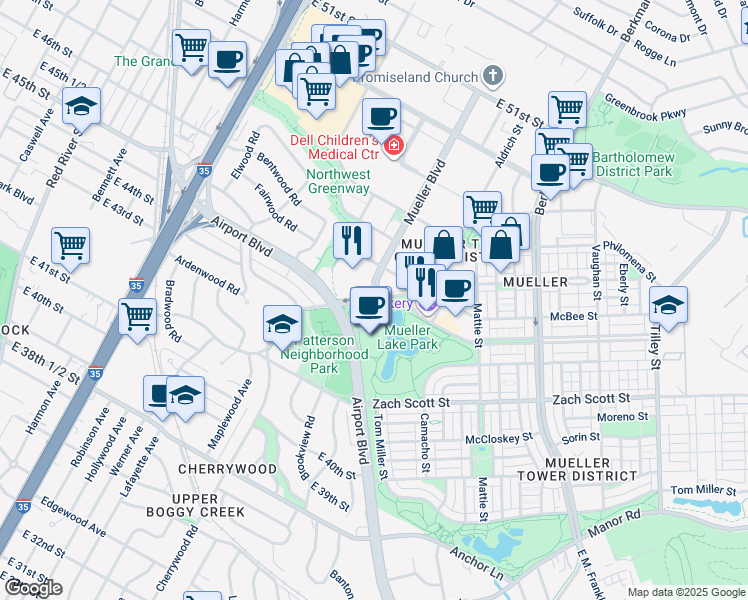 map of restaurants, bars, coffee shops, grocery stores, and more near 4600 James Wheat Street in Austin