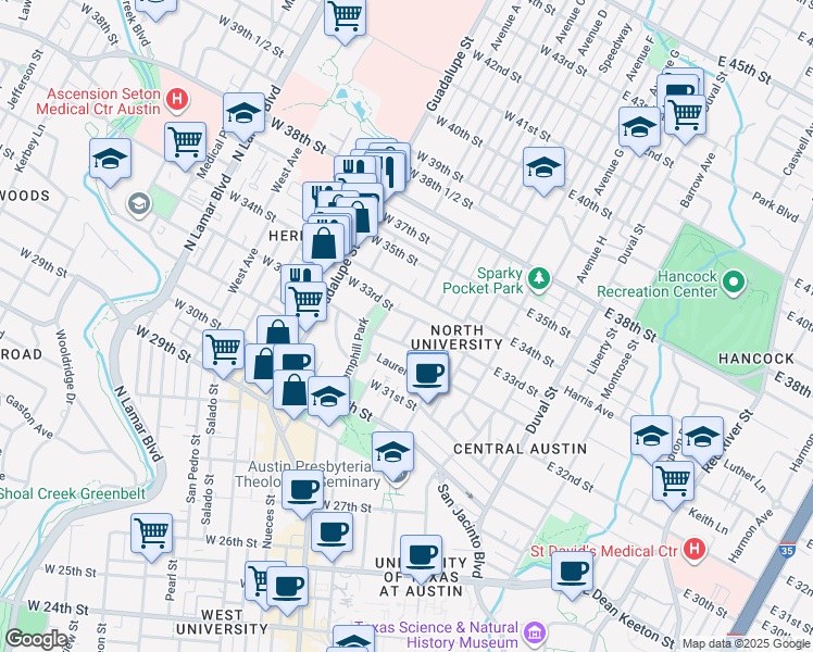 map of restaurants, bars, coffee shops, grocery stores, and more near 202 West 33rd Street in Austin