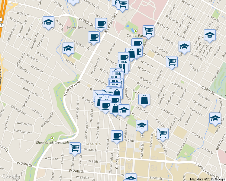 map of restaurants, bars, coffee shops, grocery stores, and more near 607 1/2 West 31st 1/2 Street in Austin
