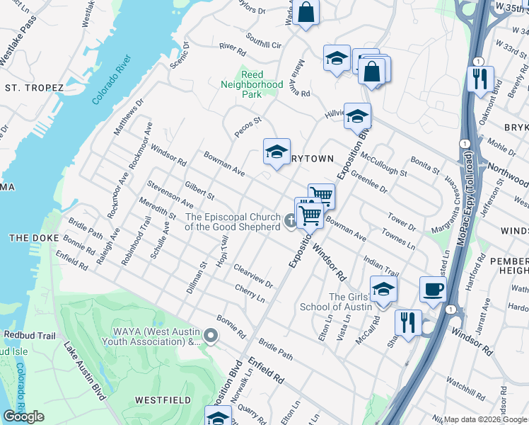 map of restaurants, bars, coffee shops, grocery stores, and more near 3317 Windsor Road in Austin