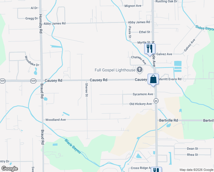 map of restaurants, bars, coffee shops, grocery stores, and more near 40283 - 40405 Causey Road in Gonzales