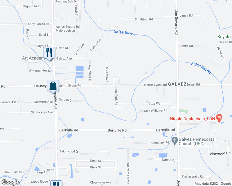 map of restaurants, bars, coffee shops, grocery stores, and more near 15495 Ball Park Road in Prairieville