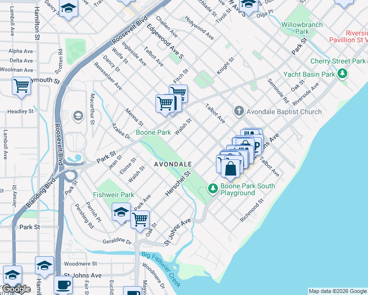 map of restaurants, bars, coffee shops, grocery stores, and more near 3661 Valencia Road in Jacksonville